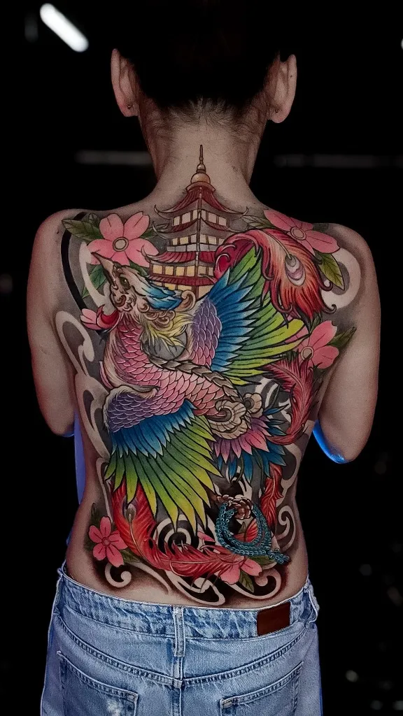 Tatuaje de Ave Fénix en la Espalda Completa sin Dolor