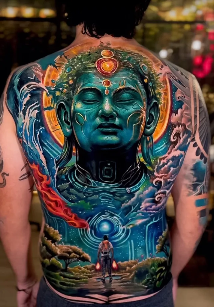 Tatuaje de Buda Cósmico en la Espalda Completa sin Dolor